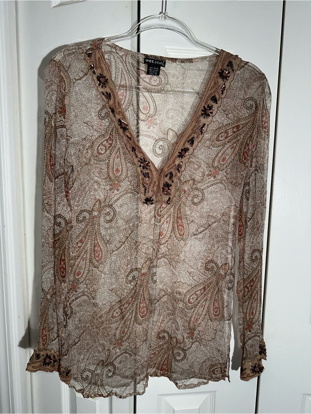 Vintage Y2K Wet Seal Sheer Long Sleeve Beaded Tunic Top M Paisley Boho  AA25